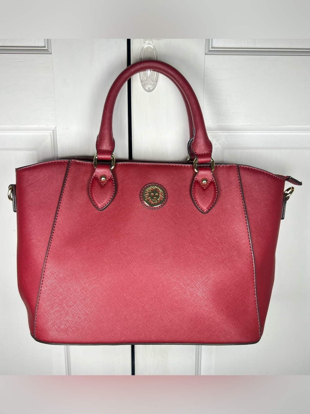 Anne Klein Satchel Vegan Leather Gold Tone Lion Logo Wine Red Color